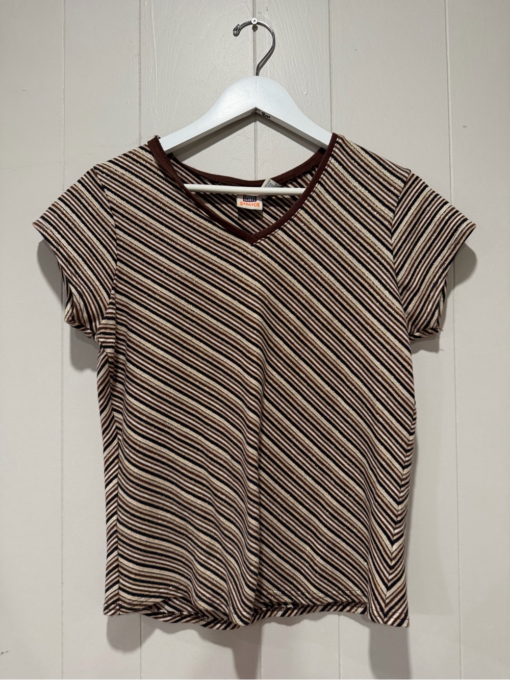 Faded Glory Brown and Cream Diagonal Stripe V-Neck Tee